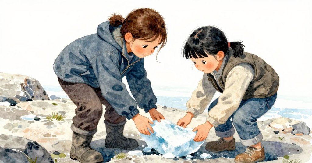 布萊爾與凱拉合力輕推冰塊, 使用扁石協作, 日光下冰晶閃爍, 呈現溫馨互動與自然細節