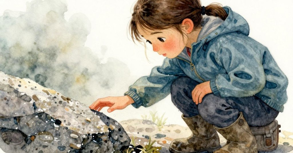 布萊爾靜靜凝望花崗岩, 指尖輕觸停懸水珠, 展現冬日瞬間與內心沉思, 情感細膩, 萬籟俱寂之美