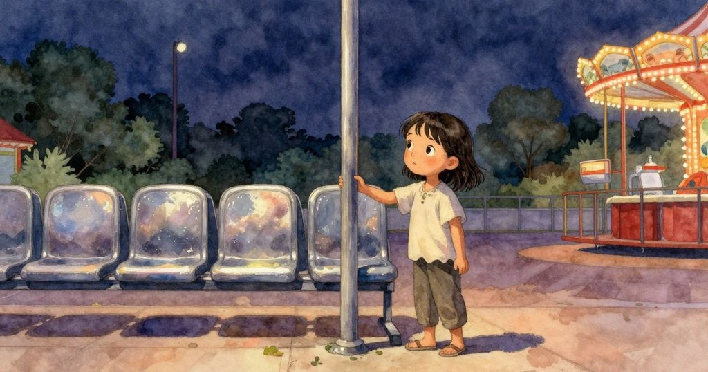 克蕾諾站在登機口前，注視著閃爍的座位環繞著高柱，環境充滿溫暖黃昏光線與期待情緒