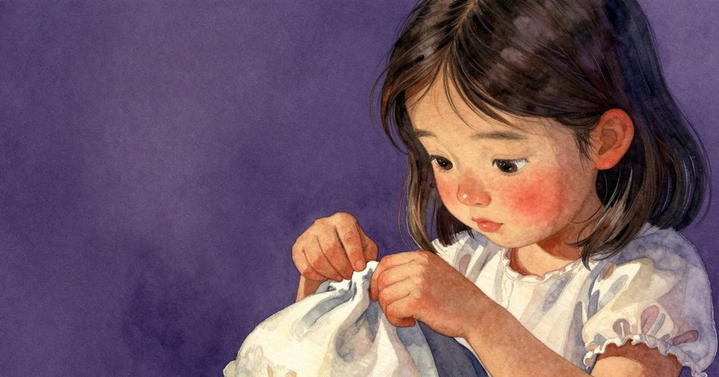 克蕾諾專注地觸摸口袋中的布袋，細緻展現手部動作與柔和光線，呈現思考與安心情緒