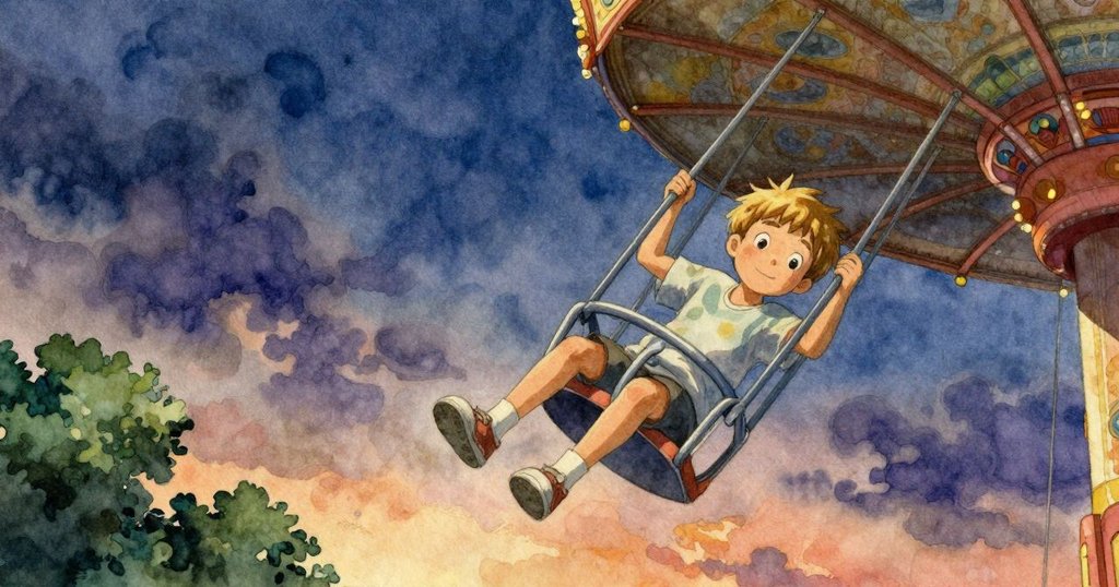 馬克斯正從低角度被拍攝，高空中安心乘坐旋轉座位，展現冒險與活力，背景為廣闊傍晚天空