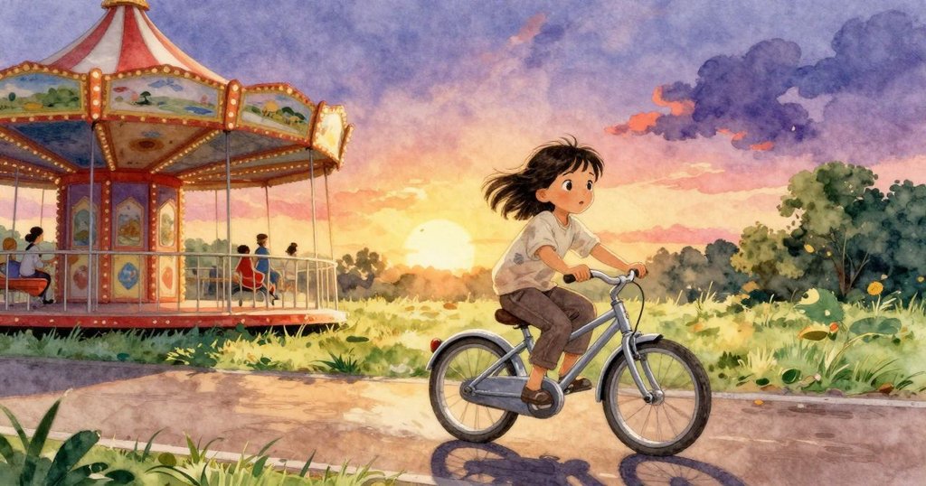 克蕾諾在金色夕陽下釋放緊握，微笑中步出旋轉設施，背景呈現平和溫暖的終局，金翅鳥輕輕掠過