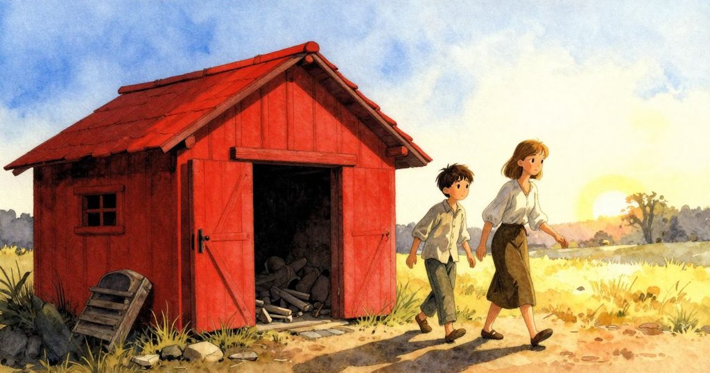 托比亞斯和凱在晨光中走向舊窯舍，場景充滿紅、黃、藍色調，環境安靜而充滿希望