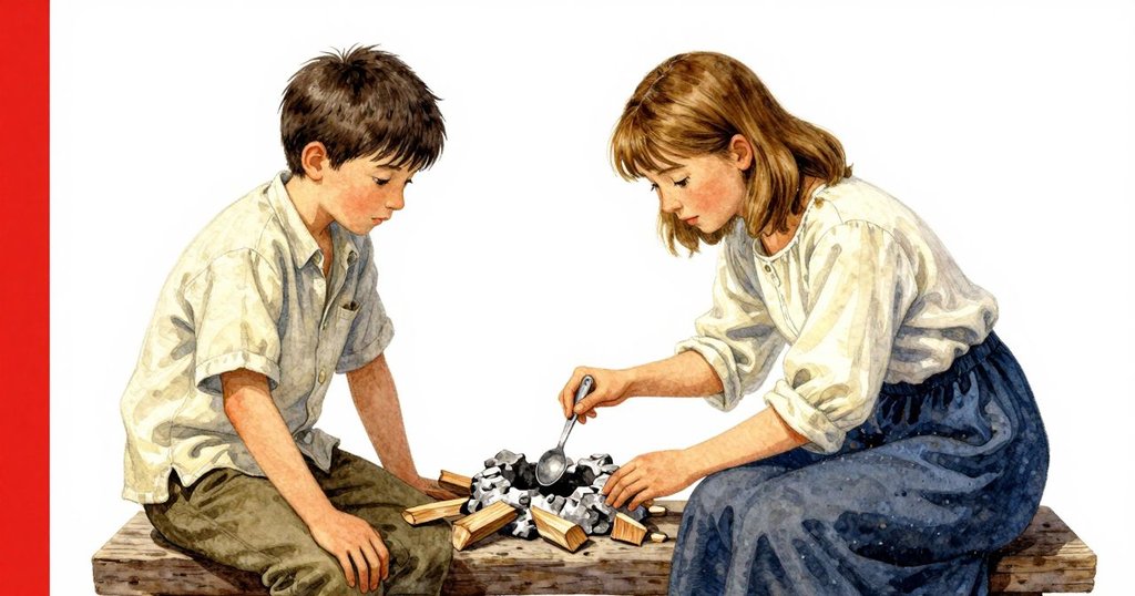 托比亞斯蹲身檢查帶灰塵的湯匙凳面，凱在火箱旁堆放松木，場景充滿細膩與質感對比