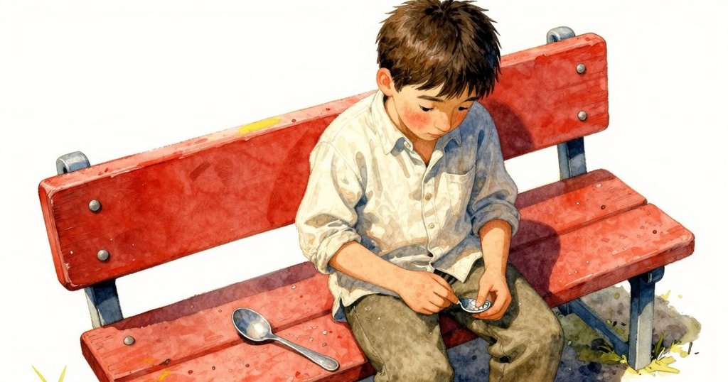 從高處俯視，托比亞斯注視著帶有指紋的湯匙，凳面散佈灰塵，細膩光影呈現發現瞬間