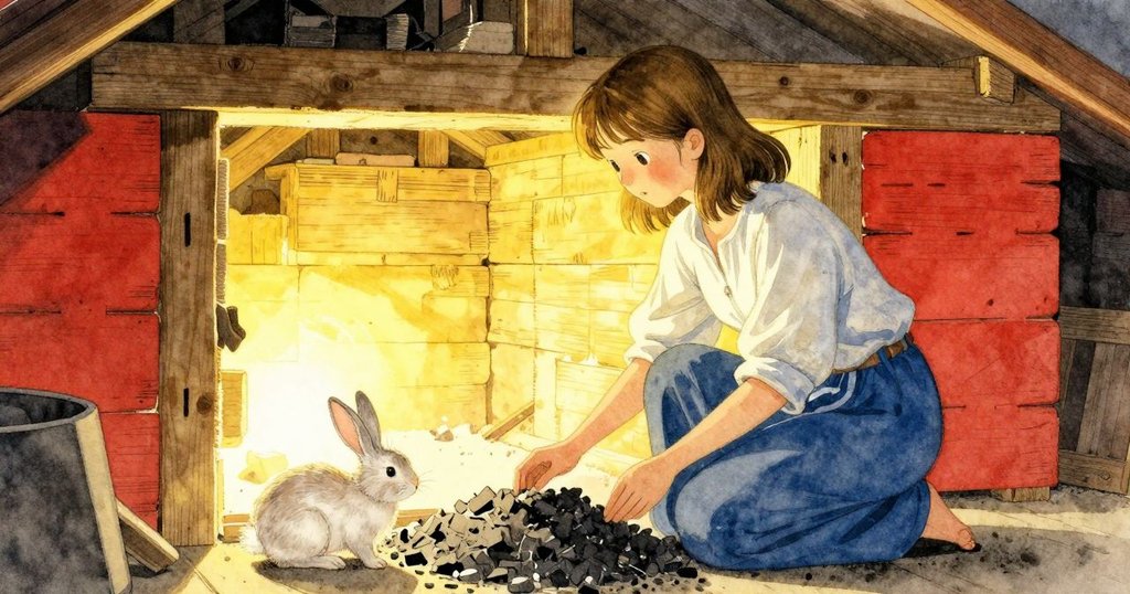 凱在棚內仔細堆放松木，窯火散發溫暖光芒，外面兔子輕靠灰堆，營造轉換時刻的寧靜氛圍