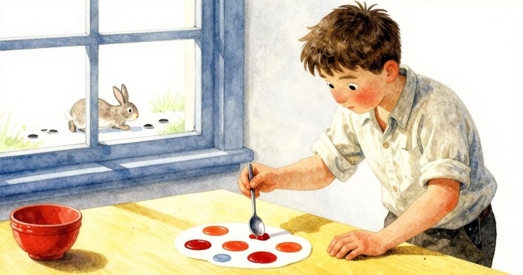 托比亞斯輕放湯匙於釉料旁，窗外兔子留印，閃光氣柱隱現，氛圍溫柔收尾，展現細微轉變