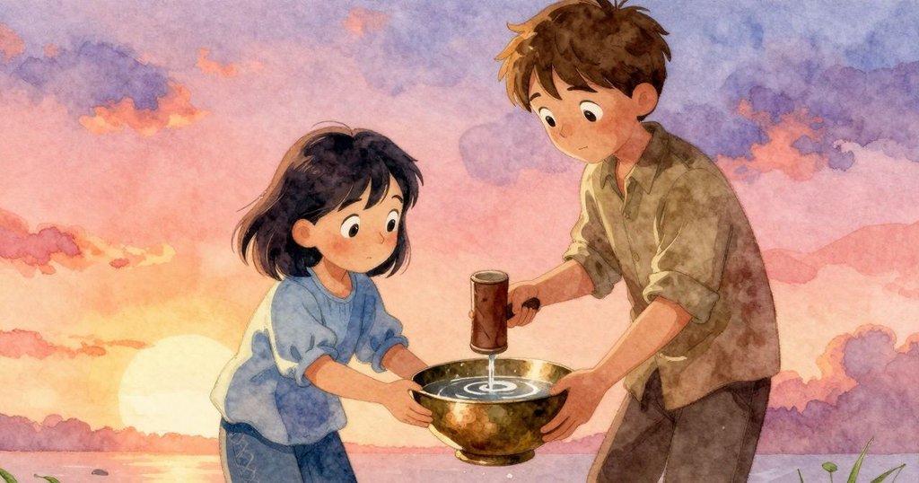 艾達從門口注視，巴斯爾用皮頭木槌敲打青銅碗，水波圈環繞，神情專注，室內溫暖氛圍。