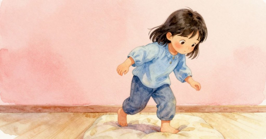 艾達輕踏墊子，注視地面上排列整齊的小碗，動作謹慎，環境充滿柔和溫暖光線。