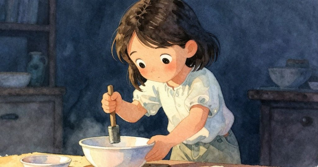 艾達聚精會神地操作中型碗，調整槌子角度，嘗試獲得完美音符，神情中帶有期望與猶豫。