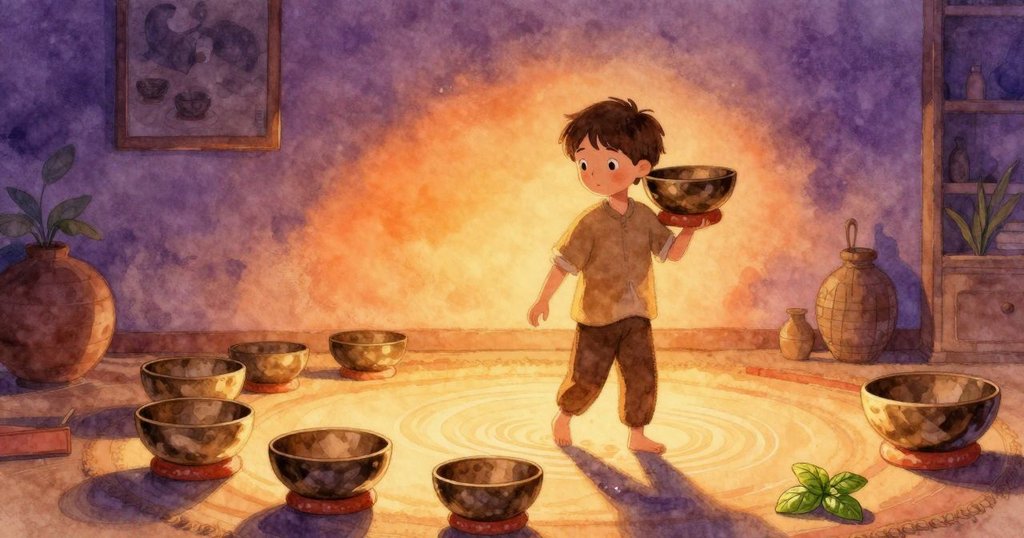 從高處俯視，眾多碗整齊排列似星座，巴斯爾循環操作，艾達遠處沉思，室內光線溫暖輕柔。