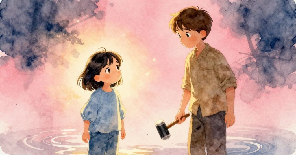 艾達放下木槌，露出平靜微笑，巴斯爾繼續操作碗，溫暖室內隨音符震動，氛圍從動盪轉為接納。