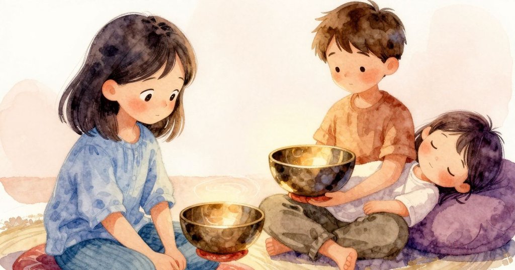 艾達安坐在墊子上，神情平和，巴斯爾在背景中持續操作，室內迴響著柔和震動，營造寧靜氛圍。