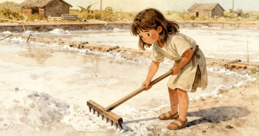 女孩在鹽田上揮動木耙，傾斜視角呈現廣闊場景，陽光與微風交織，表情專注充滿期待