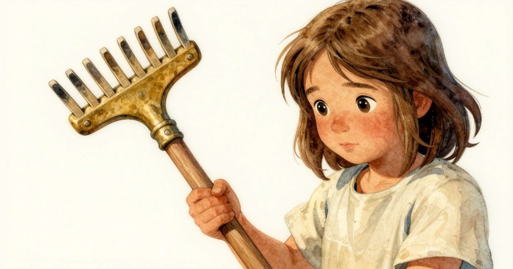 女孩手持木耙特寫，耙子光澤映襯鹽田質感，象徵傳統與變革，神情堅定且充滿寓意