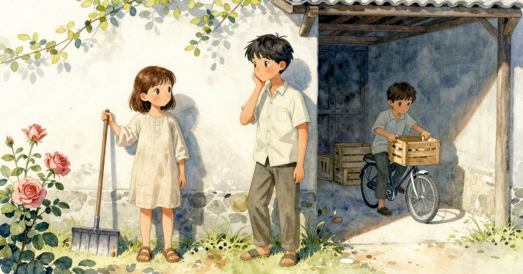 女孩將木耙靠於低牆旁，朋友騎自行車送來小箱子，陰影中的儲物棚營造出神秘隱蔽之感