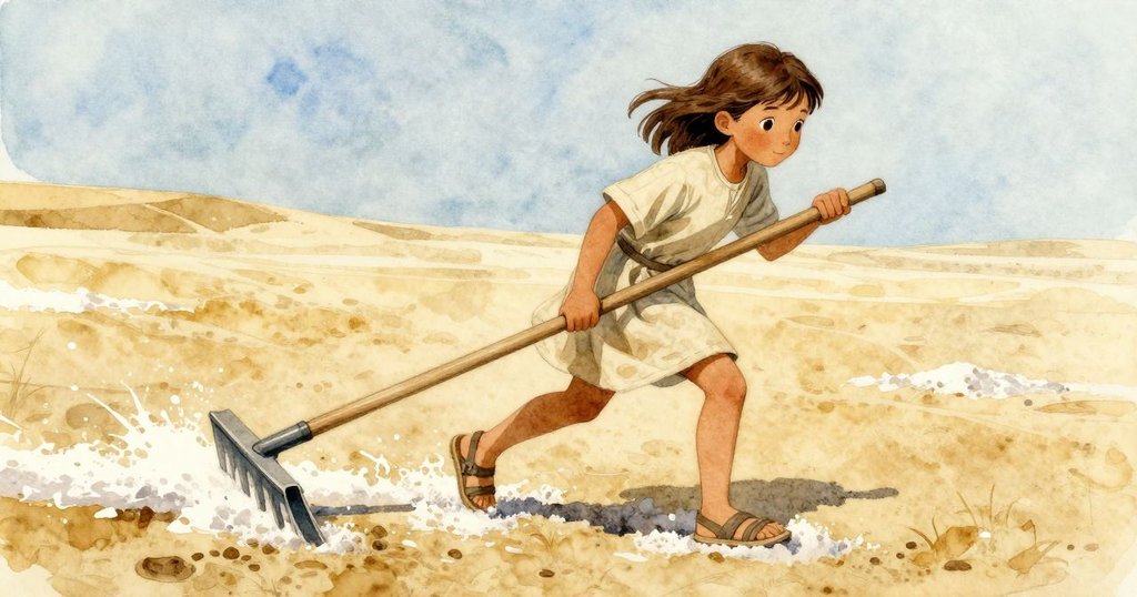 女孩拖動木耙時突然停頓，堅硬鹽面使耙子跳動，捕捉驚訝與沉思的瞬間，光與影鮮明