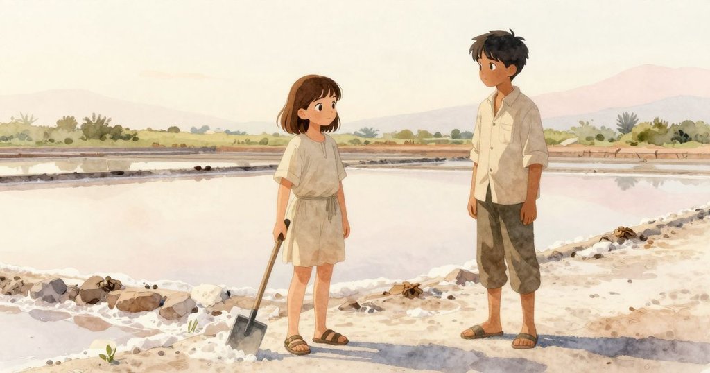 女孩與朋友在鹽田邊重逢，彼此微笑交流，夕陽柔光照耀下鹽田展現平靜轉變，傳達出溫暖安心感