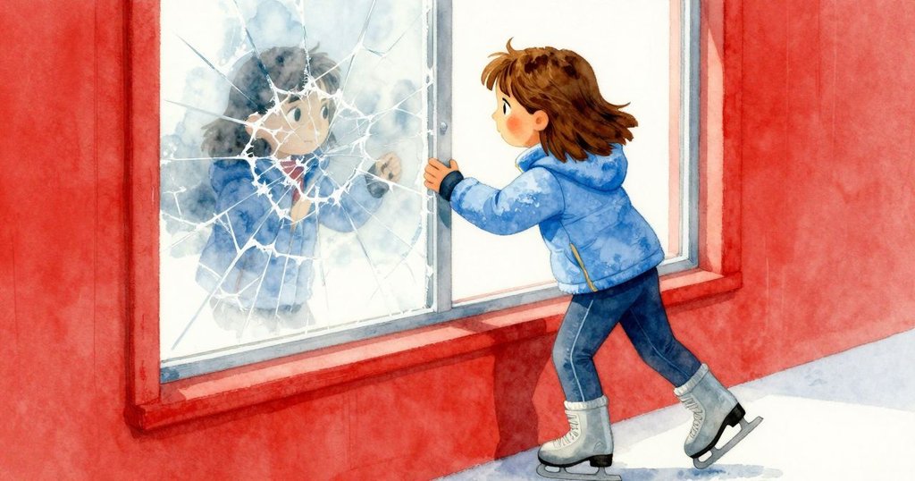 透過冰層裂痕形成的窗景，格蕾塔與旗杆輪廓朦朧出現，融入冰面反射的神秘光輝