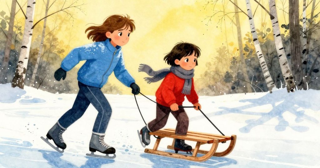 柔和晨光穿透雲層，樺樹搖曳，格蕾塔與米爾斯在冰面上有節奏地滑行，展現冬日生機