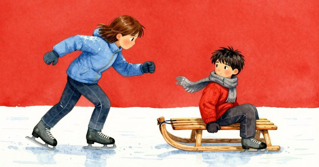 格蕾塔停步觸碰冰面銀光痕跡，臉上流露回憶情懷，米爾斯在背景中滑行，動靜皆具