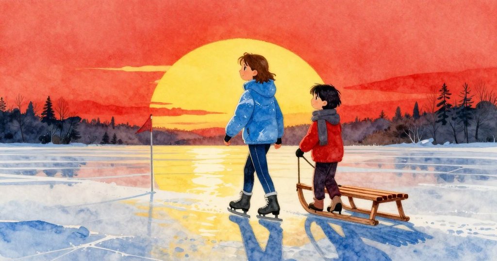 夕陽餘暉中，格蕾塔與米爾斯緩步於冰湖邊，旗杆與新鮮足印呼應長影，營造溫柔結局