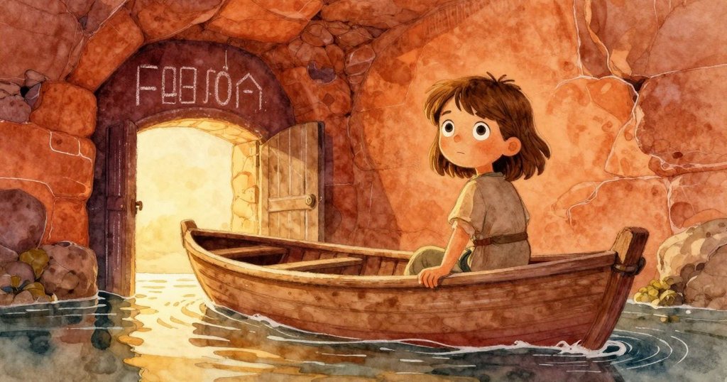 Celina 正在船上劃向石室，門上有粉筆痕跡，水面上映出金色光芒，她充滿決心與期待