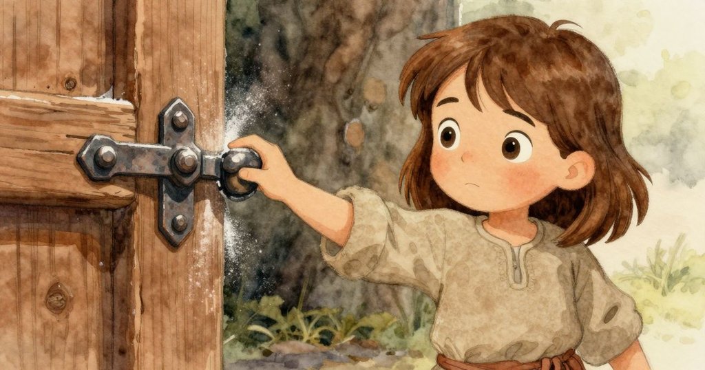 Celina 的手輕觸帶有粉筆痕跡的鐵鉸鏈，細膩觀察木樑上的質感，神情專注中流露好奇