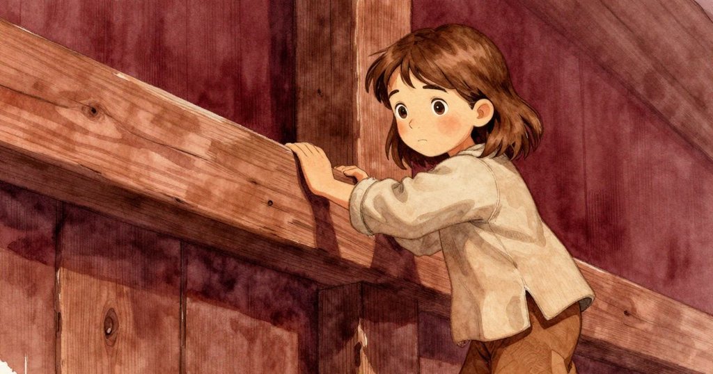 Celina 輕觸木樑，回憶起春日辛勤練習鎖具的時光，畫面散發溫馨懷舊光芒