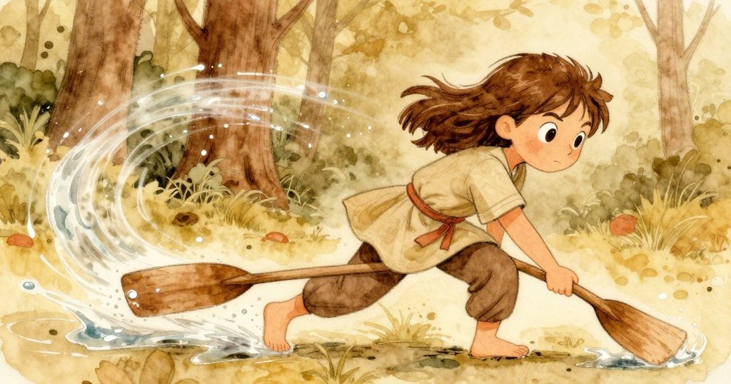 Celina 全神貫注地揮動槳，水流與門上動態軌跡交織，展現出堅毅奮力的情景