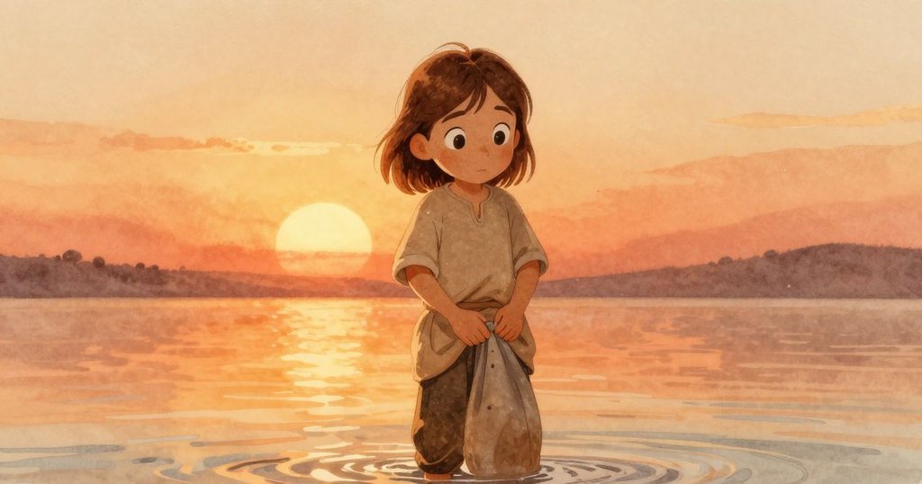 夕陽餘暉中，Celina 站在船尾輕拭褲上粉筆灰，繩索輕垂，場景寧靜溫暖，展現一天努力後的平靜