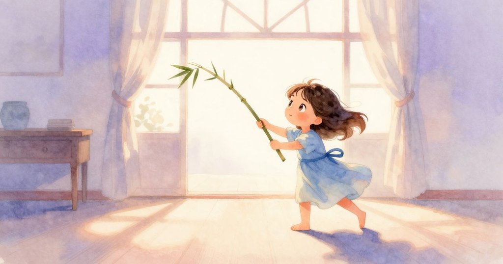 Paloma動作中揮舞竹竿，室內晨霧中呈現纖細棉影與溫暖燈光，充滿柔和期待感