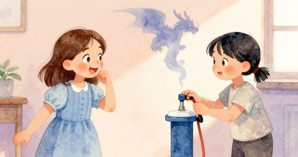 Tess與Paloma在室內互動，Tess輕笑調整空氣泵，Paloma專注觀察龍影浮現，背景傳來觀眾驚嘆