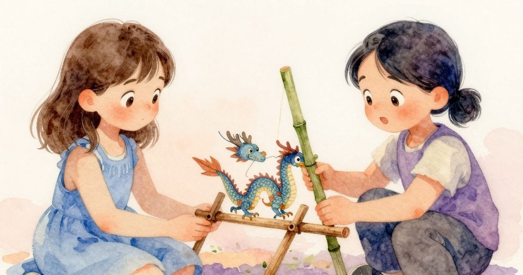 Paloma輕放完成的龍身於木架上，竹竿依靠在側，Tess滿意輕笑，室內充滿溫馨落幕氣氛