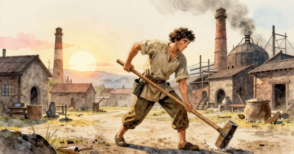 巴雷特在破曉時進入古老鋪磚鑄造廠, 手持木槌, 充滿專注與期待, 環境散發溫暖晨光