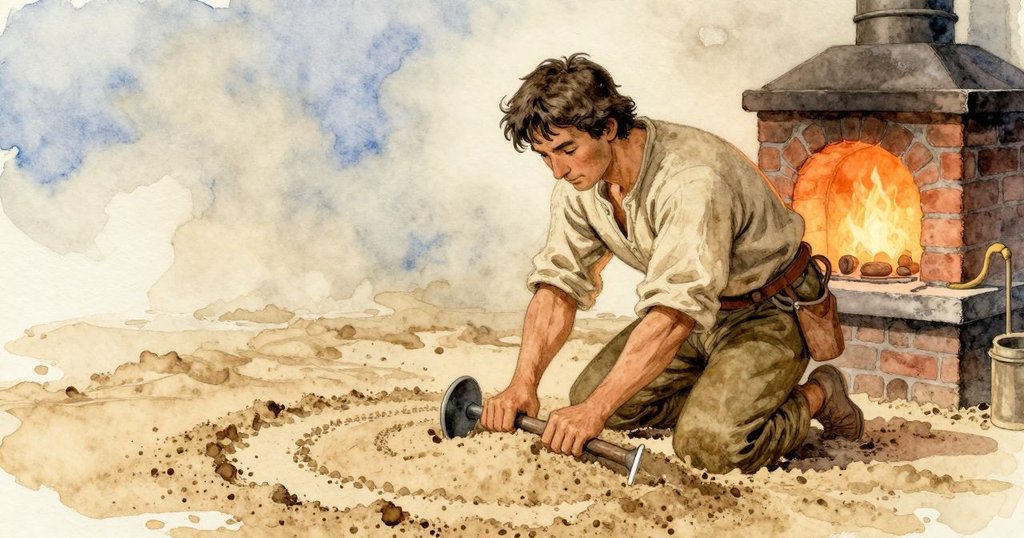巴雷特用木槌敲打沙模, 與具有歷史感的磚砌爐互動, 溫暖橙光映照古老痕跡, 表情專注