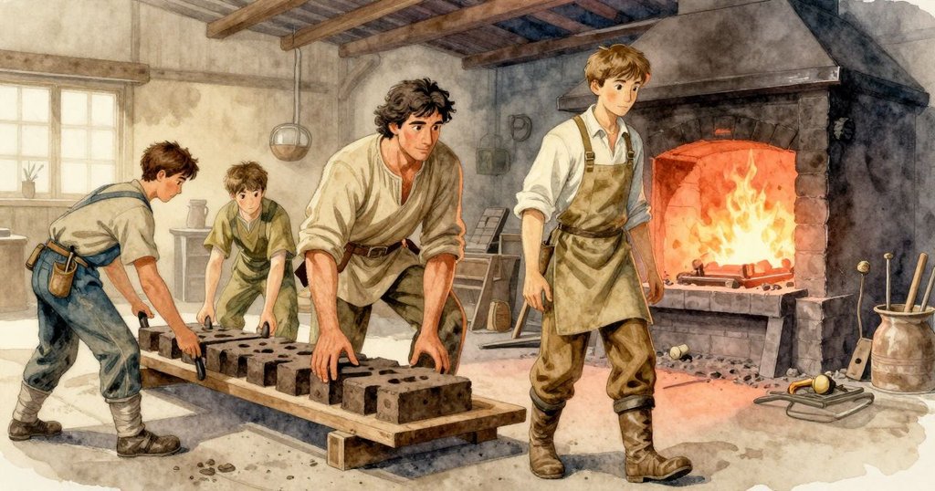 巴雷特與托比亞斯在工廠內合作, 將鑄模小心滑向木製滑軌, 陽光與爐火光交融, 神情專注