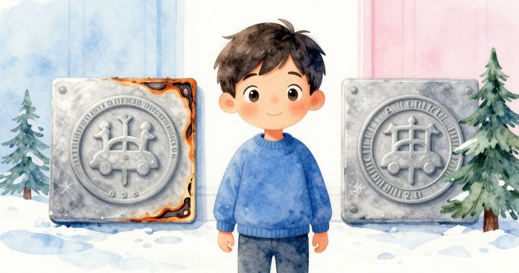 Glen翻轉木板，展現一面焦痕、一面刻有酒館圖紋，兩種對比並存，呈現過去與現實交織。