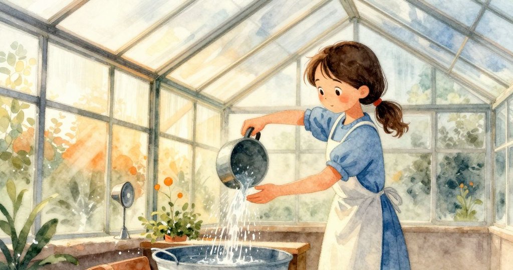 烏拉傾倒澆水壺, 水滴飛濺入土, 溫暖溫室內, 表情專注, 充滿活力