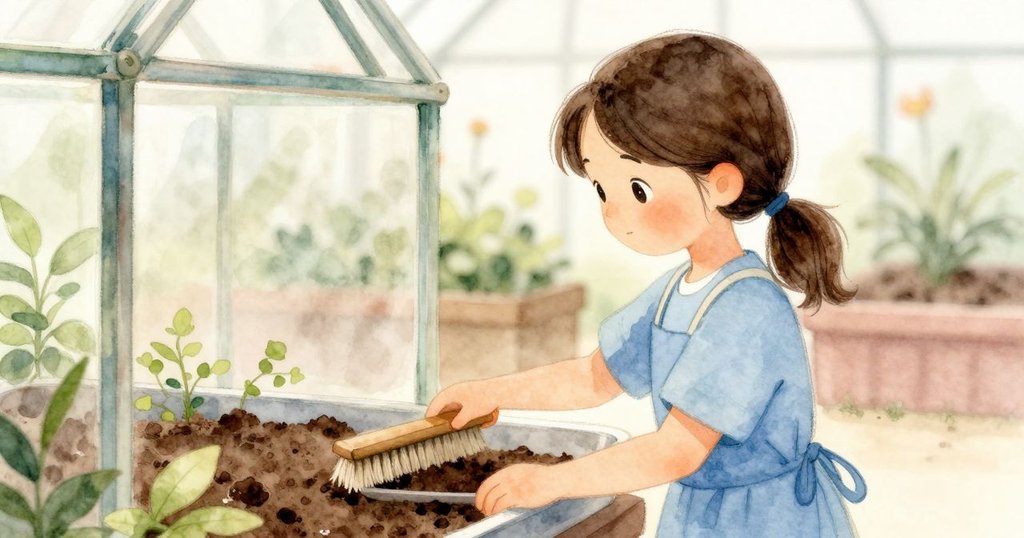 烏拉從背後調整育苗盤, 觀察排列整齊如階梯的幼苗, 手指輕拂泥土, 表情謹慎