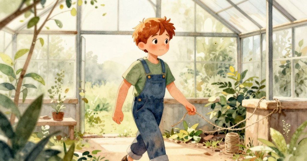 伊蒙步入溫室, 手持麻繩, 輕踏落葉, 注視排列整齊的幼苗, 神情專注而柔和