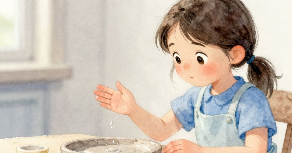 水滴優雅落下於泥盤上, 烏拉停下動作, 細膩感受清涼空氣, 表情沉思, 捕捉轉折瞬間