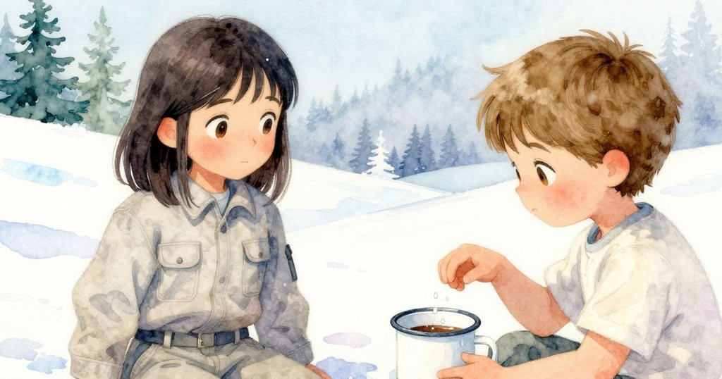 塞琳的手輕觸杯緣，清晨滴露映出細膩水環，杯子細節成為記憶象徵，情感溫柔。