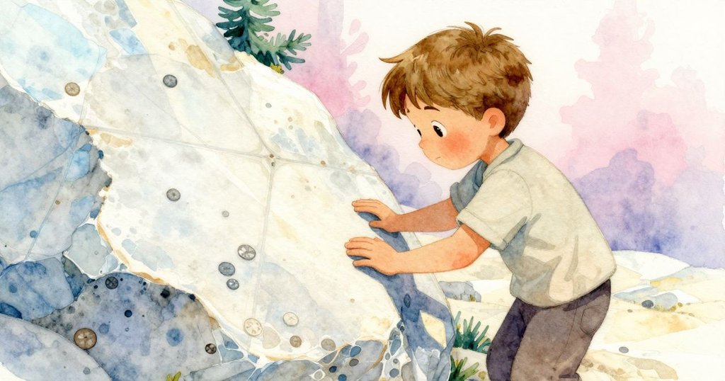 喬納斯蹲下敲擊石板，凝神傾聽空洞回音，背景顯示化石網格，神情專注沉穩。