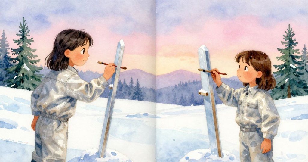 塞琳筆停瞬間，畫筆與移動的測柱形成雙重景象，呈現現實與記憶交錯之感。