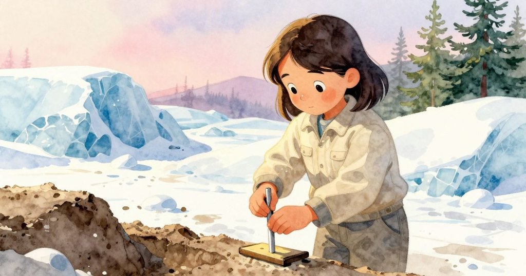 塞琳專注調整測柱，果斷而柔和地做出決定，環境中呈現化石與砂岩美景。