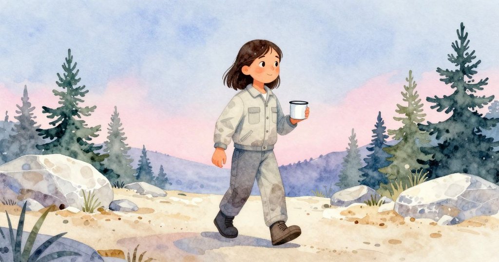 黃昏時，塞琳回眸凝視杯子靜立於砂岩上，夕陽柔和映出探索旅程圓滿情懷。