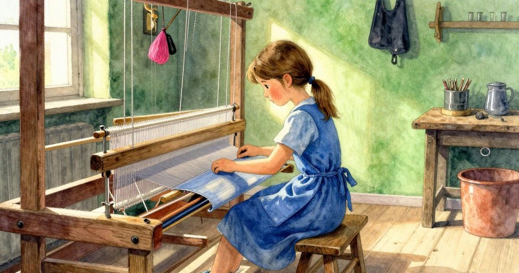 Verity在明亮工作坊內調整織機，陽光透過窗戶灑落，背景顯示木製結構和散落紙塵，神情專注投入工作