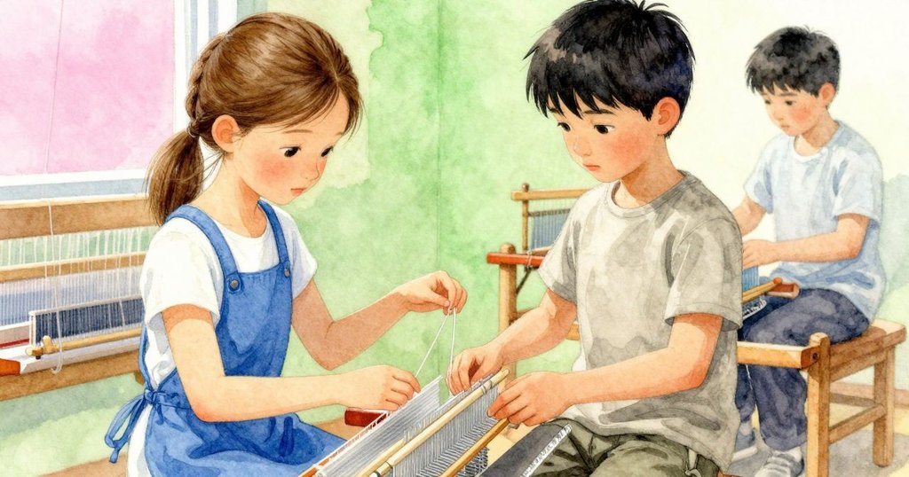 Verity細心夾取游絲，前景手部細節清晰，中景織機運作，遠景Irving專注整理重量，層次豐富環境充滿故事感