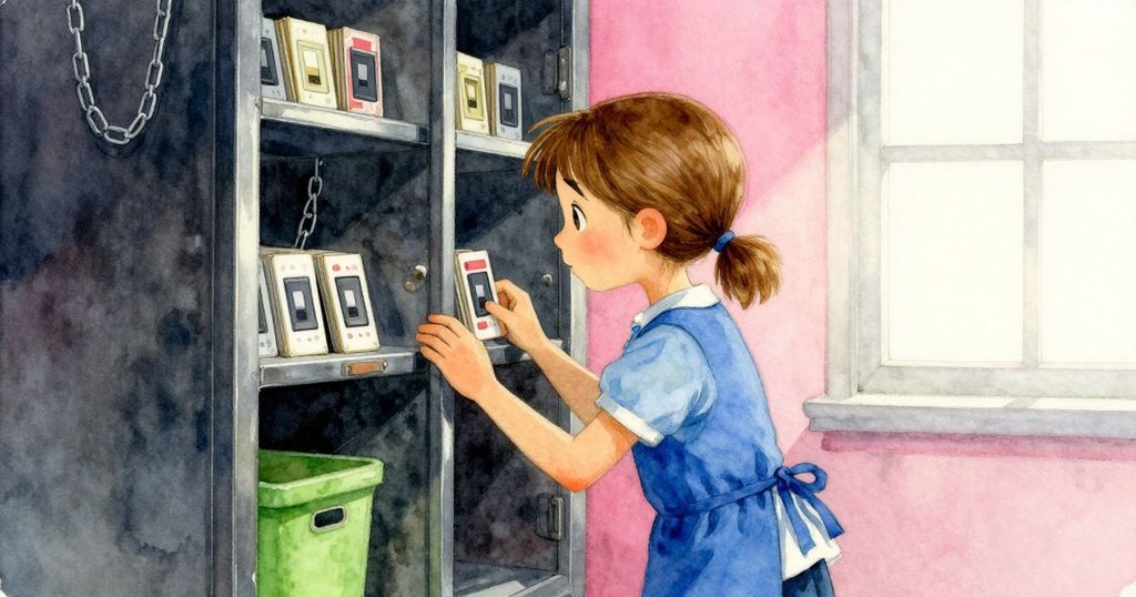 Verity在工作坊隱秘角落發現舊櫃，輕提掛鏈觀察破舊打卡卡片，柔光灑落營造神秘氛圍，動作小心